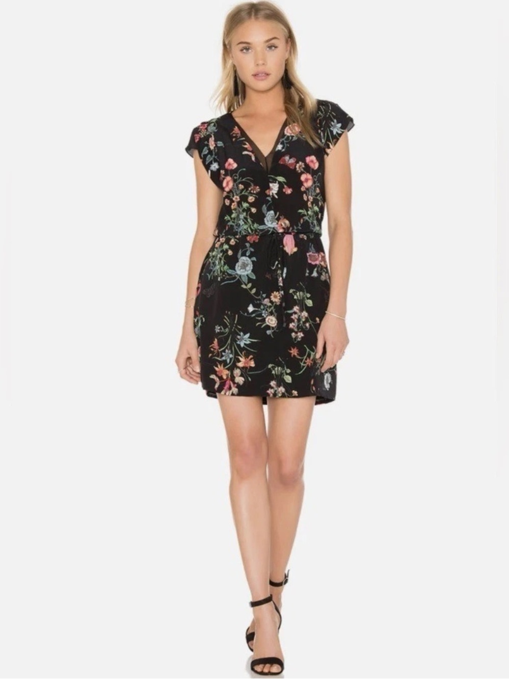 Rebecca Taylor Womens Meadow Silk Black Floral Mini Dress Drawstring Waist